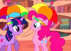 Size: 721x518 | Tagged: safe, screencap, pinkie pie, twilight sparkle, feeling pinkie keen, g4, animated, boop, cute, diapinkes, eye contact, eyes closed, female, hat, honk, open mouth, raised hoof, smiling, umbrella hat