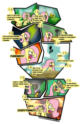 Size: 1024x1553 | Tagged: dead source, safe, artist:sneshpone, fluttershy, g4, comic, female, gas mask, lightning, oil, parody, simple background, so many wonders, solo, song, toxic waste, transparent background