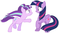 Size: 12600x7000 | Tagged: safe, artist:tardifice, starlight glimmer, twilight sparkle, alicorn, pony, g4, the cutie re-mark, absurd resolution, eye contact, female, frown, gritted teeth, height difference, mare, open mouth, pointing, raised hoof, raised leg, simple background, transparent background, twilight sparkle (alicorn), vector, wide eyes, windswept mane