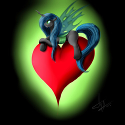 Size: 5000x5000 | Tagged: safe, artist:skitsroom, queen chrysalis, changeling, changeling queen, g4, absurd resolution, female, heart, prone, solo