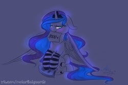 Size: 3000x2000 | Tagged: safe, artist:amishy, princess luna, g4, blushing, clothes, female, floppy ears, helmet, high res, mouth hold, sign, socks, solo, striped socks