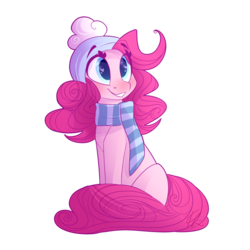 Size: 1024x1024 | Tagged: safe, artist:lolepopenon, pinkie pie, earth pony, pony, g4, clothes, cute, diapinkes, female, hat, heart eyes, scarf, simple background, sitting, solo, transparent background, wingding eyes, winter outfit