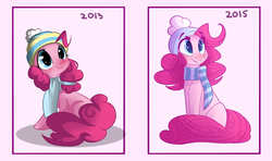 Size: 1024x605 | Tagged: safe, artist:lolepopenon, pinkie pie, earth pony, pony, g4, clothes, comparison, cute, draw this again, female, hat, scarf, solo