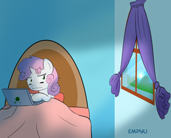 Size: 1000x803 | Tagged: safe, artist:empyu, sweetie belle, g4, 30 minute art challenge, bags under eyes, bed mane, computer, female, insomnia, laptop computer, morning ponies, solo