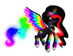 Size: 1750x1350 | Tagged: safe, artist:staticwave12, oc, oc only, oc:neon boom, oc:princess neon boom, alicorn, pony, alicorn oc, colored horn, colored wings, commission, donut steel, ethereal mane, horn, multicolored wings, rainbow tail, rainbow wings, simple background, solo, transparent background