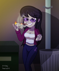 Size: 2714x3245 | Tagged: safe, artist:sumin6301, octavia melody, equestria girls, g4, belly button, breasts, cigar, cleavage, clothes, dumpster, female, high res, lighter, midriff, smoke, smoking, smug, solo, sunglasses, tank top, trash can