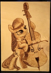 Size: 1024x1459 | Tagged: safe, artist:horseez, octavia melody, earth pony, pony, g4, bipedal, bipedal leaning, bow (instrument), bowtie, cello, cello bow, female, hoof hold, leaning, mare, musical instrument, pyrography, solo, woodwork