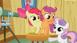 Size: 1366x768 | Tagged: safe, screencap, apple bloom, scootaloo, sweetie belle, earth pony, pegasus, pony, unicorn, family appreciation day, g4, apple bloom's bow, blank flank, bow, clubhouse, crusaders clubhouse, cute, cutie mark crusaders, female, filly, foal, hair bow, open mouth, raised hoof, smiling, spread wings, stool, telescope, trio, wings