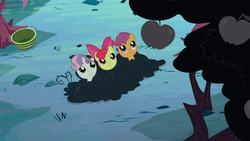 Size: 1366x768 | Tagged: safe, screencap, apple bloom, scootaloo, sweetie belle, pony, family appreciation day, g4, apple, apple tree, cutie mark crusaders, food, tree, unripe zap apple, zap apple, zap apple tree