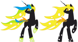 Size: 994x532 | Tagged: safe, artist:abdonis, artist:selenaede, oc, oc only, oc:abdonis, changeling, changeling oc, rainbow power, rainbow power-ified, simple background, solo, white background, yellow changeling