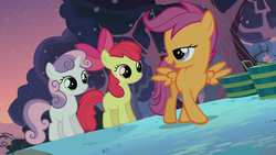 Size: 1366x768 | Tagged: safe, screencap, apple bloom, scootaloo, sweetie belle, family appreciation day, g4, cutie mark crusaders, lidded eyes