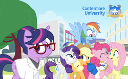 Size: 1190x740 | Tagged: safe, artist:dm29, applejack, fluttershy, pinkie pie, rainbow dash, rarity, sci-twi, twilight sparkle, unicorn, equestria girls, g4, cantermare university, clothes, college, equestria girls ponified, eyes closed, flying, glasses, latin, looking at you, looking up, mane six, open mouth, ponified, smiling, spread wings, unicorn sci-twi, university