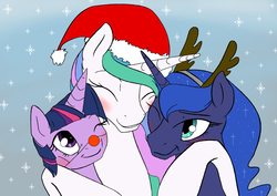 Size: 2560x1810 | Tagged: safe, artist:airbusthebest, artist:silfoe, princess celestia, princess luna, twilight sparkle, alicorn, pony, g4, :t, adorkable, antlers, blushing, christmas, clown nose, cute, cutelestia, dork, eyes closed, female, fluffy, grin, happy, hat, hug, lunabetes, mare, missing accessory, nuzzling, red nose, rudolph nose, santa hat, silfoe is trying to murder us, smiling, snow, snowflake, sweet dreams fuel, twiabetes, twilight sparkle (alicorn), wink