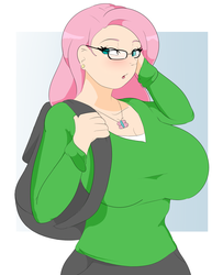 Size: 3000x3700 | Tagged: safe, artist:skyearts, fluttershy, human, g4, backpack, big breasts, blushing, breasts, busty fluttershy, clothes, cutie mark necklace, earring, female, glasses, high res, huge breasts, humanized, necklace, piercing, solo