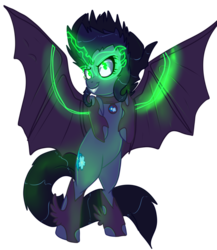 Size: 833x958 | Tagged: artist needed, safe, oc, oc only, oc:halfmoon, alicorn, bat pony, bat pony alicorn, pony, armor, collar, corrupted, dark magic, green eyes, magic, midnight-ified, simple background, solo, transparent background