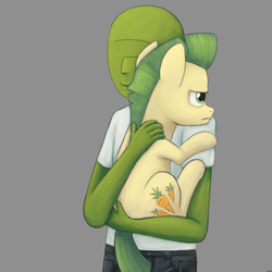 Size: 1000x1000 | Tagged: safe, artist:unsavorydom, carrot crunch, oc, oc:anon, earth pony, human, pony, butt touch, clothes, duo, frown, hand on butt, holding a pony, hug