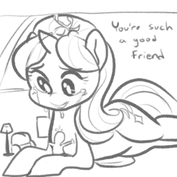 Size: 500x500 | Tagged: safe, artist:mt, starlight glimmer, oc, oc:anon, pony, g4, comforting, crying, dialogue, giant pony, hug, macro, monochrome, prone, sketch, smiling, tears of joy