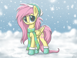 Size: 900x675 | Tagged: safe, artist:luminousdazzle, fluttershy, pegasus, pony, g4, clothes, cute, female, hat, hoof boots, mare, scarf, shyabetes, snow, snowfall, solo, weapons-grade cute, winter