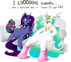 Size: 1619x1417 | Tagged: safe, artist:chiekku, princess celestia, princess luna, g4, candy, couch, family guy, food, male, sitting