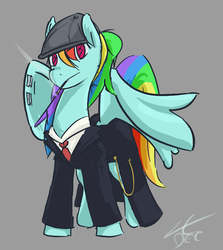 Size: 732x820 | Tagged: safe, artist:liracrown, rainbow dash, pegasus, pony, g4, cigarette, clothes, female, flat cap, fob watch, hat, necktie, newsboy hat, peaky blinders, peaky flyers, razor blade, simple background, sketch, smoking, solo, suit, trenchcoat