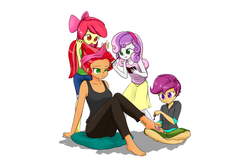 Size: 1900x1267 | Tagged: safe, artist:twilite-sparkleplz, edit, apple bloom, babs seed, scootaloo, sweetie belle, equestria girls, g4, barefoot, clothes, cutie mark crusaders, episode idea, eyeshadow, feet, makeover, makeup, missing shoes, nail, nail polish, older, skirt, story, story included, toenail polish