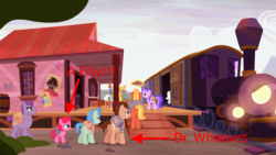 Size: 1279x719 | Tagged: safe, edit, edited screencap, screencap, cerise sunrise, doctor whooves, high note, king sombra, sea swirl, seafoam, time turner, pony, g4, the cutie re-mark, alternate timeline, background pony, crystal war timeline, fridge horror, kilroy was here, male, poster, rosie the riveter, royal guard, stallion, the implications are horrible, train, you know for kids