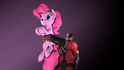 Size: 1600x900 | Tagged: safe, artist:hellhounds04, pinkie pie, earth pony, human, pony, g4, 3d, duo, holding a pony, pyro (tf2), source filmmaker, team fortress 2