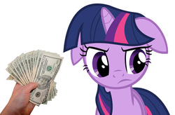 Size: 665x437 | Tagged: safe, twilight sparkle, pony, unicorn, g4, dollars, exploitable meme, female, fistful of yen, floppy ears, hand, implied prostitution, meme, money, simple background, unicorn twilight, white background