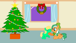 Size: 1920x1080 | Tagged: safe, artist:emoshyvinyl, oc, oc only, oc:alexis, oc:zellie, christmas lights, christmas tree, tree, wallpaper, wreath