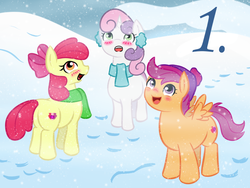 Size: 800x600 | Tagged: safe, artist:mod-named-carot, apple bloom, scootaloo, sweetie belle, earth pony, pony, crusaders of the lost mark, g4, clothes, cutie mark, cutie mark crusaders, hat, scarf, snow, snowfall, the cmc's cutie marks, winter