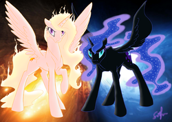 Size: 4093x2894 | Tagged: safe, artist:airbusthebest, artist:silfoe, nightmare moon, nightmare star, princess celestia, g4, frown, glare, looking at you, missing accessory, raised hoof, spread wings, xk-class end-of-the-world scenario