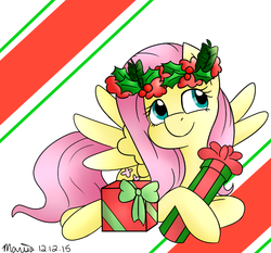 Size: 720x671 | Tagged: safe, artist:melodicmarzipan, fluttershy, g4, christmas, female, holly, looking away, lying, present, smiling, solo, spread wings, wreath
