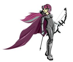 Size: 1626x1392 | Tagged: safe, artist:spacehunt, sour sweet, equestria girls, g4, my little pony equestria girls: friendship games, archery, arrow, badass, battle suit, bow (weapon), bow and arrow, cape, cloak, clothes, female, simple background, solo
