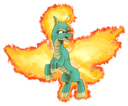 Size: 1316x1092 | Tagged: safe, artist:saturdaymorningproj, tianhuo (tfh), them's fightin' herds, community related, female, mane of fire, simple background, solo, spread wings, transparent background