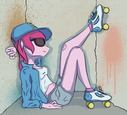 Size: 1460x1320 | Tagged: safe, anonymous artist, derpibooru exclusive, pinkie pie, earth pony, anthro, g4, alternate clothes, belly button, cap, clothes, female, graffiti, hat, midriff, roller skates, shorts, solo, sunglasses