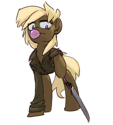 Size: 875x967 | Tagged: safe, artist:inlucidreverie, oc, oc only, oc:caltrop, fallout equestria, fallout equestria: outlaw, bubblegum, clothes, food, gum, jacket, leather jacket, raider, solo, spear, weapon