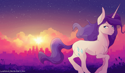 Size: 1280x749 | Tagged: safe, artist:loukaina, rarity, g4, city, cityscape, female, signature, solo, sunset, windswept mane