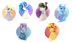 Size: 5000x3000 | Tagged: safe, artist:kraytt-05, derpy hooves, dj pon-3, maud pie, octavia melody, sunset shimmer, trixie, vinyl scratch, earth pony, pegasus, pony, unicorn, g4, alternate hairstyle, simple background, transparent background