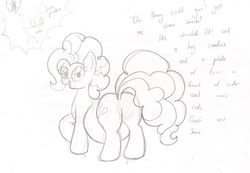Size: 3484x2412 | Tagged: safe, artist:seenty, pinkie pie, oc, oc:anon, earth pony, pony, g4, dialogue, female, high res, mare, pencil drawing, preggy pie, pregnant, solo focus, traditional art