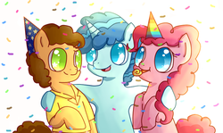 Size: 800x477 | Tagged: safe, artist:saiadass, cheese sandwich, party favor, pinkie pie, g4, party trio