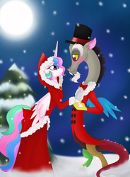 Size: 1000x1358 | Tagged: safe, artist:pigzfairy, discord, princess celestia, g4, christmas, christmas tree, female, male, ship:dislestia, shipping, straight, tree