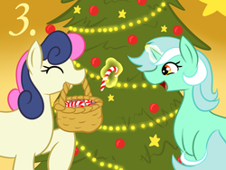 Size: 800x600 | Tagged: safe, artist:mod-named-carot, bon bon, lyra heartstrings, sweetie drops, g4, basket, candy, candy cane, christmas, christmas tree, food, mouth hold, tree