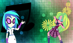 Size: 952x560 | Tagged: dead source, safe, artist:indigo-zap, dj pon-3, lemon zest, vinyl scratch, equestria girls, g4, my little pony equestria girls: friendship games, dancing, krumping, vector