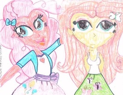 Size: 410x317 | Tagged: safe, artist:anime-iac, fluttershy, pinkie pie, equestria girls, g4, traditional art