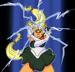 Size: 619x593 | Tagged: safe, artist:olympiah, applejack, earth pony, anthro, g4, electricity, female, sailor jupiter, sailor moon (series), solo