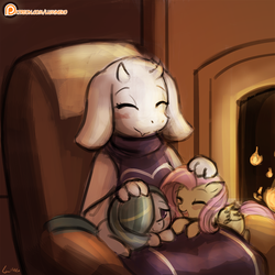 Size: 750x750 | Tagged: safe, artist:lumineko, fluttershy, marble pie, earth pony, pegasus, pony, g4, chair, clothes, crossover, cute, eyes closed, female, fire, fireplace, hnnng, lumineko is trying to murder us, mai waifus have met, marblebetes, open mouth, patreon, patreon logo, petting, prone, shyabetes, sitting, smiling, toriel, undertale