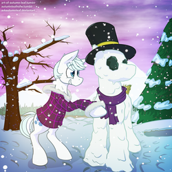 Size: 1280x1280 | Tagged: safe, artist:whisperfoot, double diamond, g4, clothes, coat, commission, cutie mark, happy, hat, jacket, male, mountain, scarf, smiling, snow, snowfall, snowpony, solo, top hat, tree