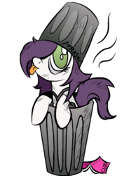 Size: 350x450 | Tagged: artist needed, safe, oc, oc only, oc:trash, book, clop, clothes, dirty, hat, looking at you, simple background, smelly, tongue out, transparent background, trash, trash can