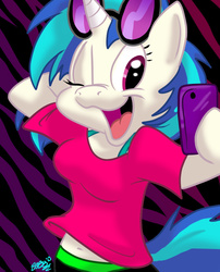 Size: 692x855 | Tagged: safe, artist:tdotbabs, dj pon-3, vinyl scratch, anthro, g4, belly button, clothes, female, solo