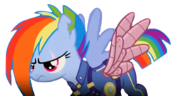 Size: 567x309 | Tagged: safe, screencap, rainbow dash, g4, the cutie re-mark, alternate timeline, amputee, apocalypse dash, artificial wings, augmented, cropped, crystal war timeline, female, prosthetic limb, prosthetic wing, prosthetics, scar, solo, torn ear, wings